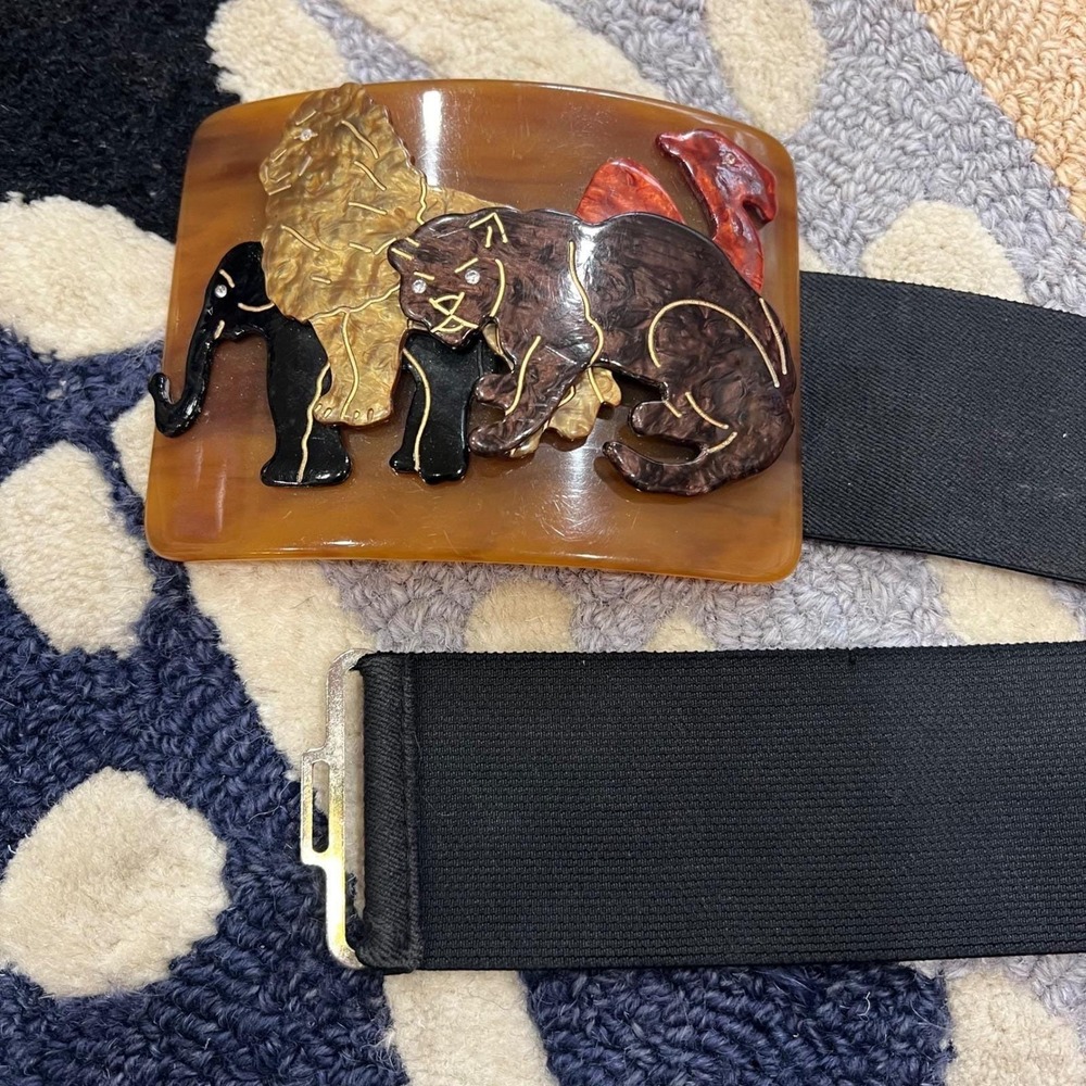 Vintage Safari Animal Resin Buckle Stretch Belt Lion Elephant Statement S-M - Picture 5 of 9